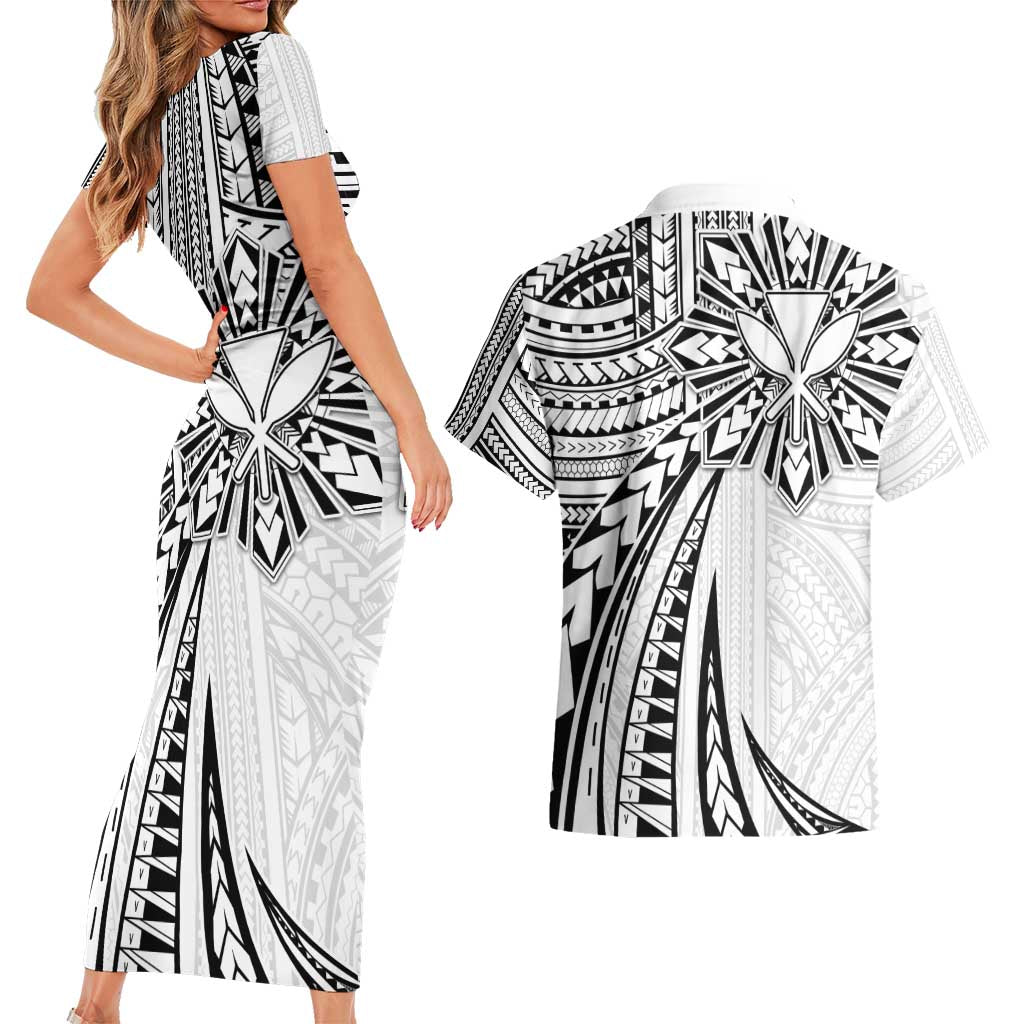 Hawaii And Philippines Couples Matching Short Sleeve Bodycon Dress and Hawaiian Shirt Kanaka Maoli With Tribal Sun Together White LT05 - Polynesian Pride