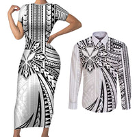Hawaii And Philippines Couples Matching Short Sleeve Bodycon Dress and Long Sleeve Button Shirt Kanaka Maoli With Tribal Sun Together White LT05 White - Polynesian Pride