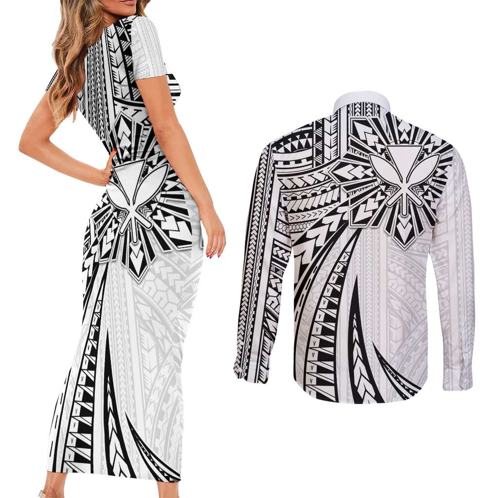 Hawaii And Philippines Couples Matching Short Sleeve Bodycon Dress and Long Sleeve Button Shirt Kanaka Maoli With Tribal Sun Together White LT05 - Polynesian Pride