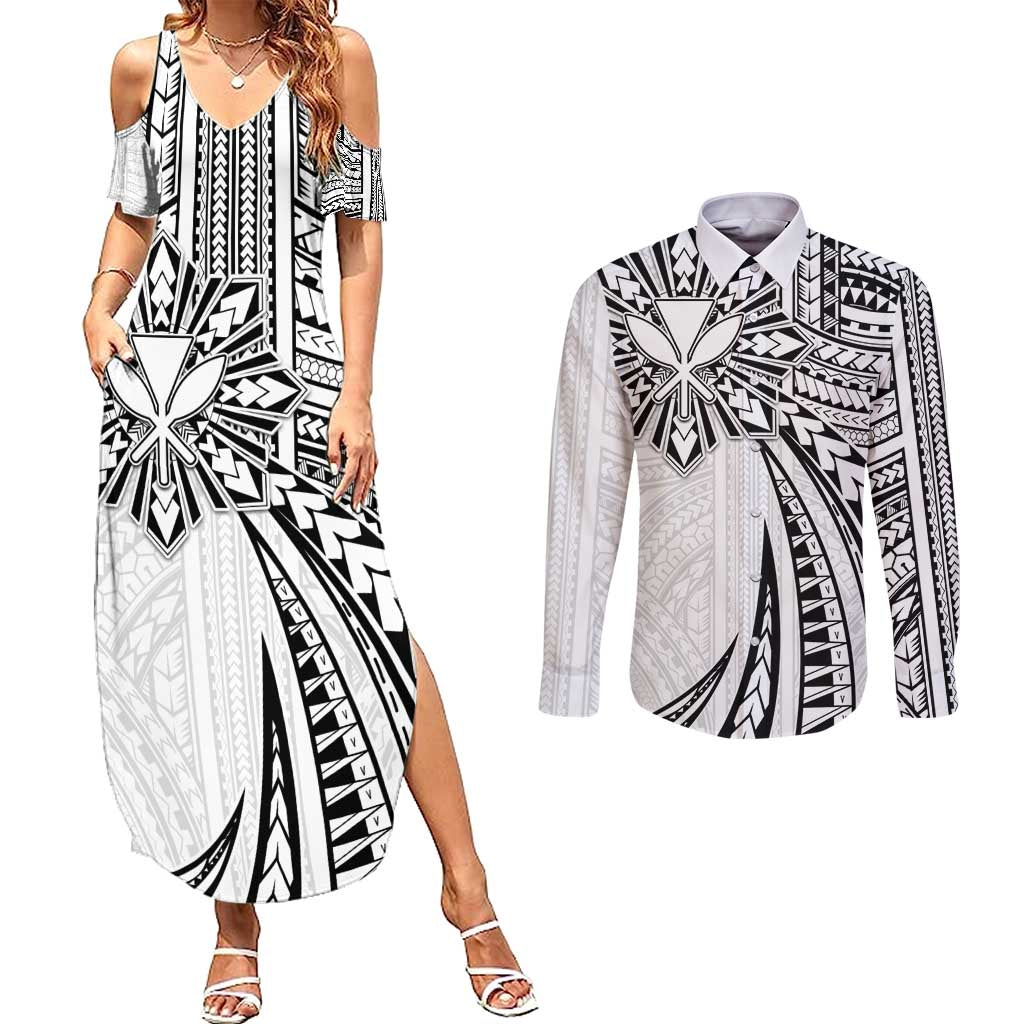 Hawaii And Philippines Couples Matching Summer Maxi Dress and Long Sleeve Button Shirt Kanaka Maoli With Tribal Sun Together White LT05 White - Polynesian Pride