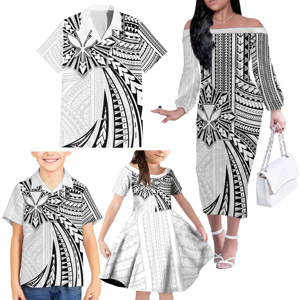 Hawaii And Philippines Family Matching Off The Shoulder Long Sleeve Dress and Hawaiian Shirt Kanaka Maoli With Tribal Sun Together White LT05 - Polynesian Pride