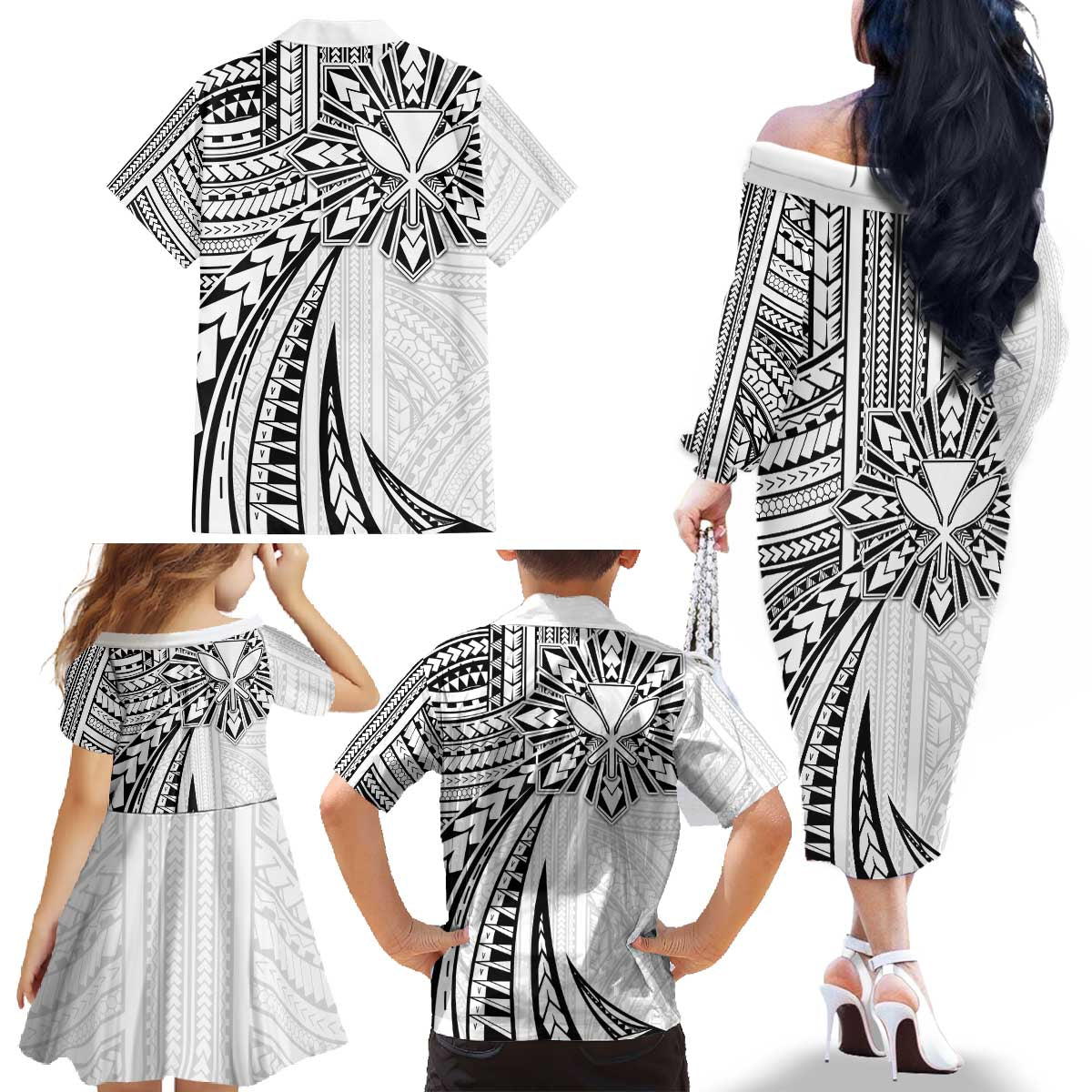 Hawaii And Philippines Family Matching Off The Shoulder Long Sleeve Dress and Hawaiian Shirt Kanaka Maoli With Tribal Sun Together White LT05 - Polynesian Pride