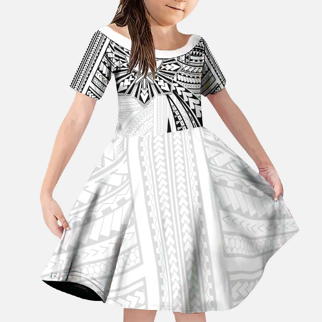 Hawaii And Philippines Family Matching Off Shoulder Maxi Dress and Hawaiian Shirt Kanaka Maoli With Tribal Sun Together White LT05 Daughter's Dress White - Polynesian Pride