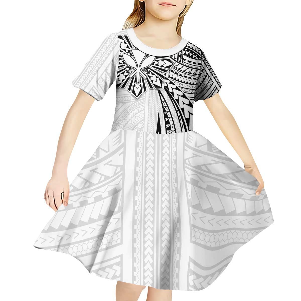Hawaii And Philippines Kid Short Sleeve Dress Kanaka Maoli With Tribal Sun Together White LT05 - Polynesian Pride
