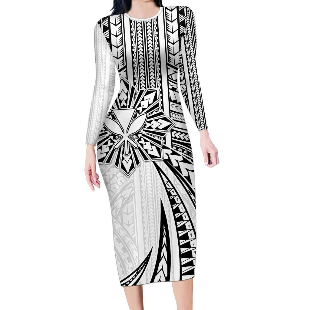 Hawaii And Philippines Long Sleeve Bodycon Dress Kanaka Maoli With Tribal Sun Together White LT05 Long Dress White - Polynesian Pride