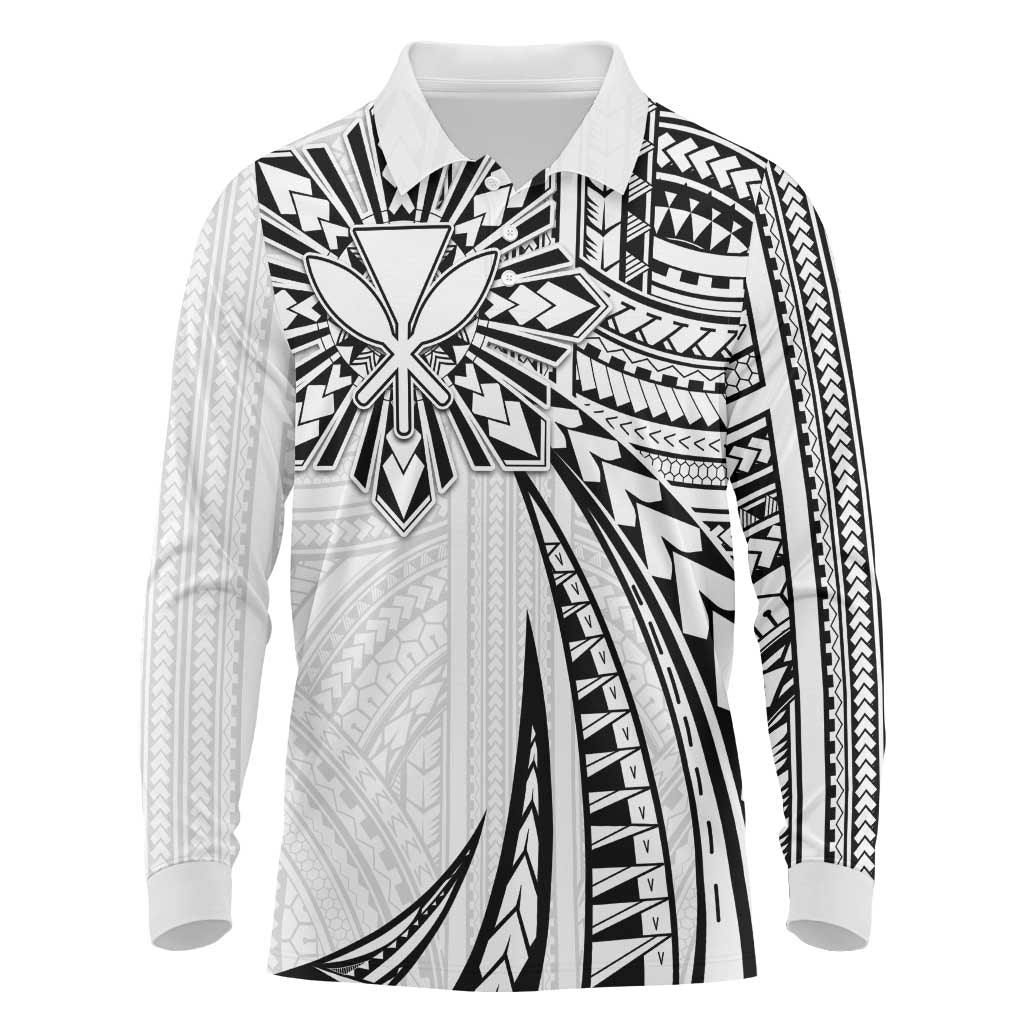 Hawaii And Philippines Long Sleeve Polo Shirt Kanaka Maoli With Tribal Sun Together White LT05 White - Polynesian Pride