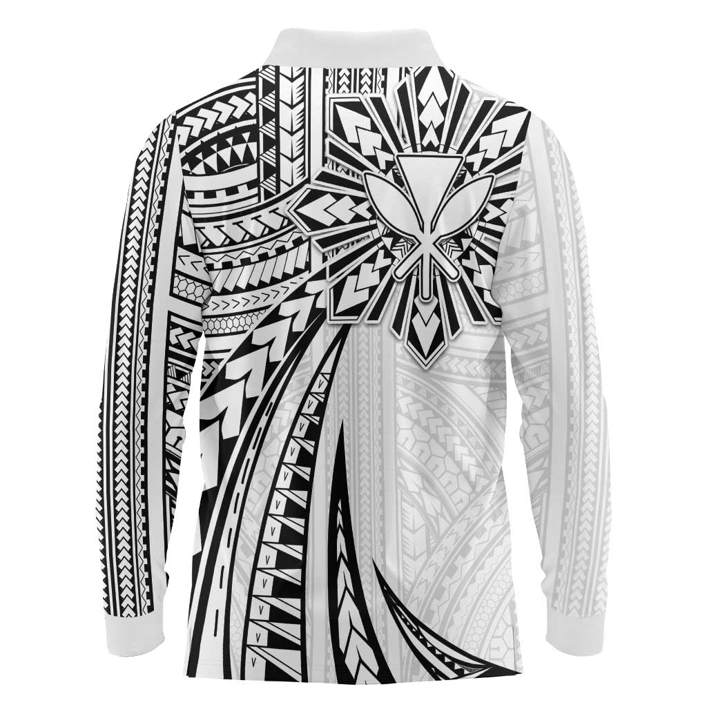 Hawaii And Philippines Long Sleeve Polo Shirt Kanaka Maoli With Tribal Sun Together White LT05 - Polynesian Pride