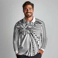 Hawaii And Philippines Long Sleeve Polo Shirt Kanaka Maoli With Tribal Sun Together White LT05 - Polynesian Pride