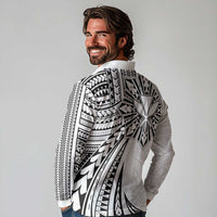 Hawaii And Philippines Long Sleeve Polo Shirt Kanaka Maoli With Tribal Sun Together White LT05 - Polynesian Pride