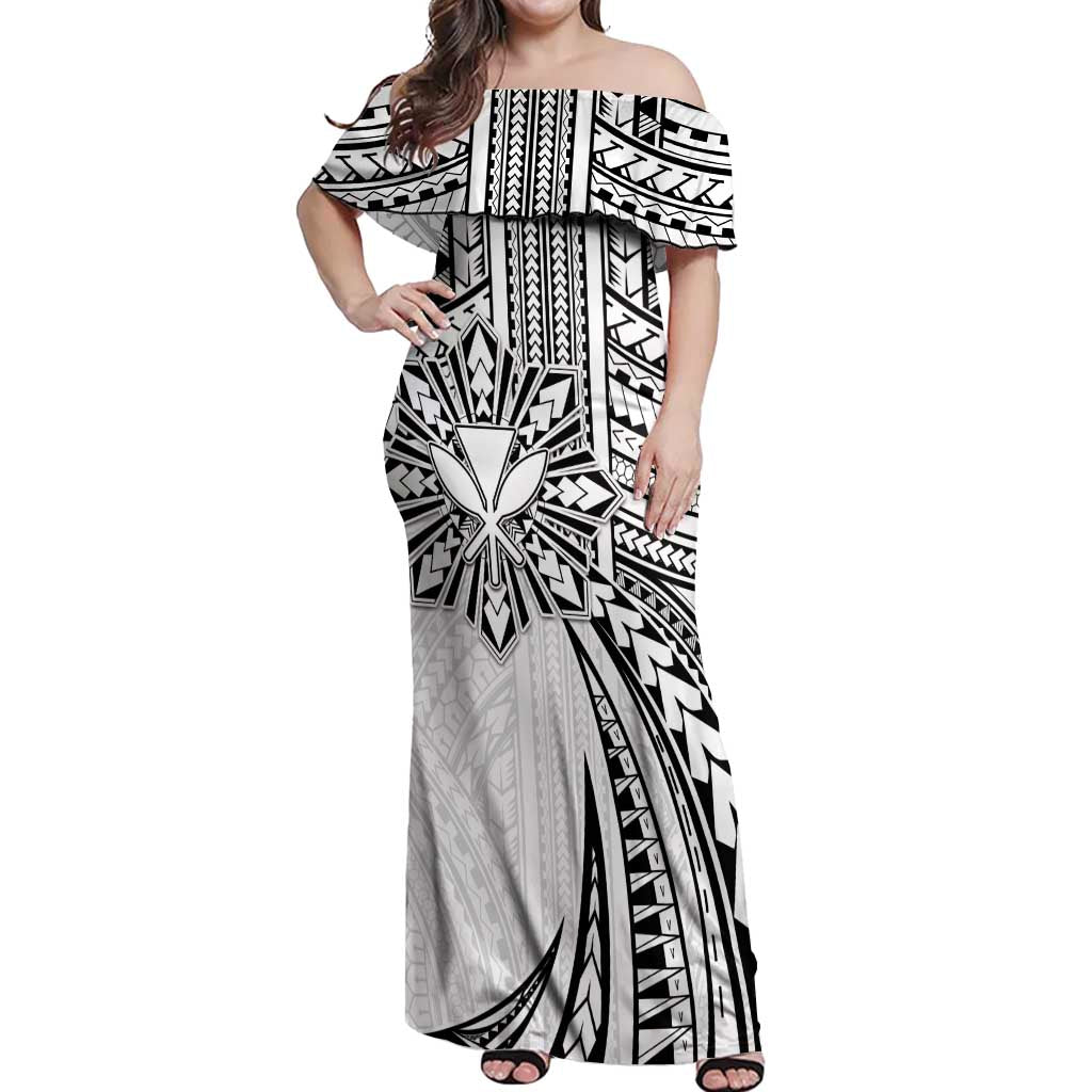 Hawaii And Philippines Off Shoulder Maxi Dress Kanaka Maoli With Tribal Sun Together White LT05 Women White - Polynesian Pride
