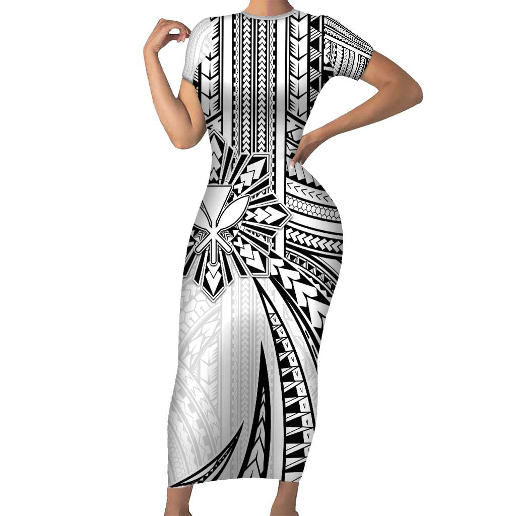 Hawaii And Philippines Short Sleeve Bodycon Dress Kanaka Maoli With Tribal Sun Together White LT05 Long Dress White - Polynesian Pride
