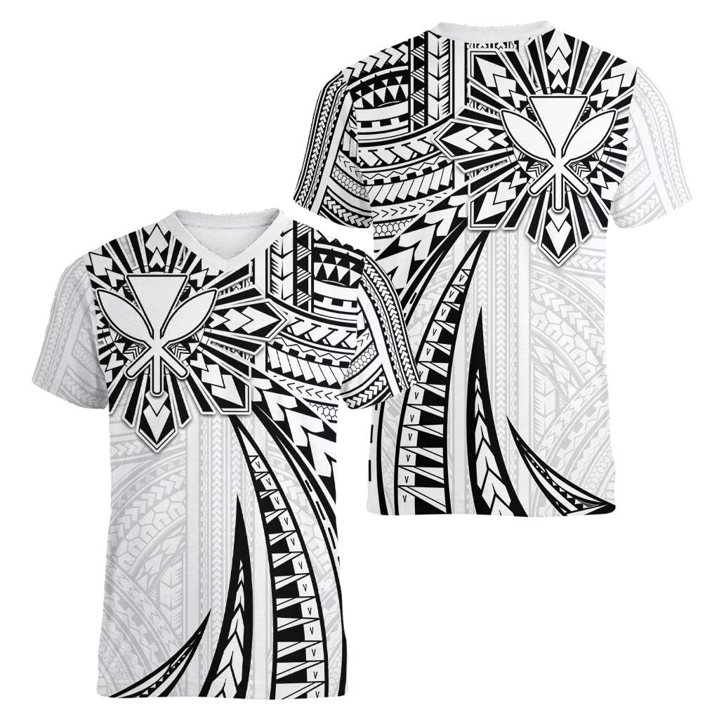 Hawaii And Philippines Women V-Neck T-Shirt Kanaka Maoli With Tribal Sun Together White LT05 - Polynesian Pride