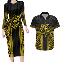 Hawaii And Philippines Together Couples Matching Long Sleeve Bodycon Dress and Hawaiian Shirt Polynesian Pattern With Filipino Barong Gold LT05 Gold - Polynesian Pride