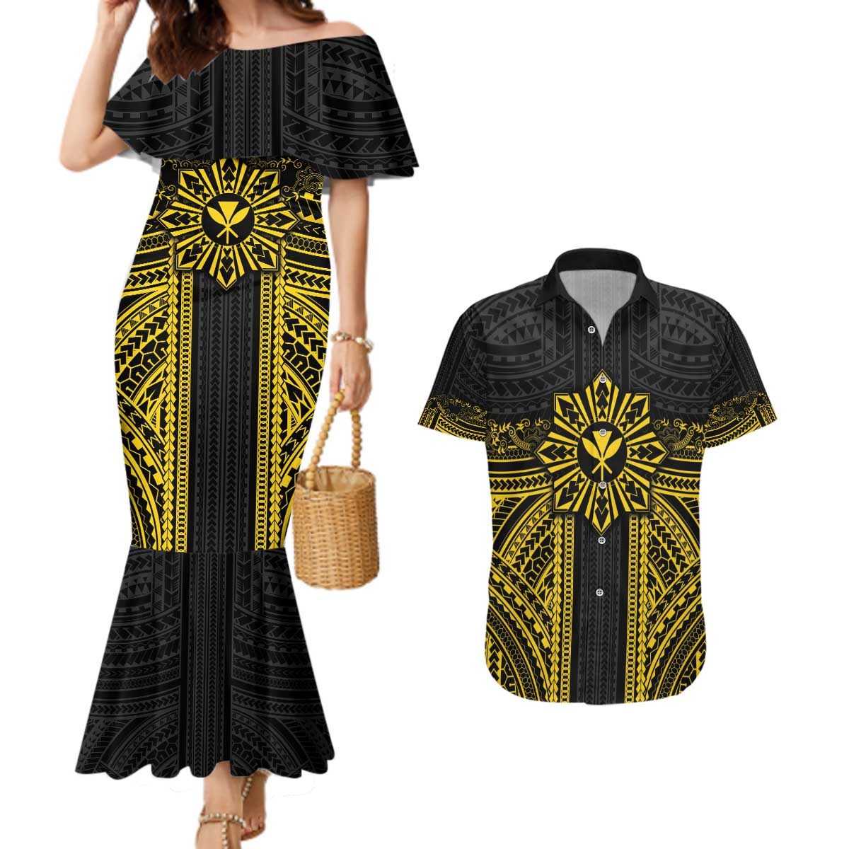 Hawaii And Philippines Together Couples Matching Mermaid Dress and Hawaiian Shirt Polynesian Pattern With Filipino Barong Gold LT05 Gold - Polynesian Pride
