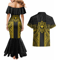 Hawaii And Philippines Together Couples Matching Mermaid Dress and Hawaiian Shirt Polynesian Pattern With Filipino Barong Gold LT05 - Polynesian Pride