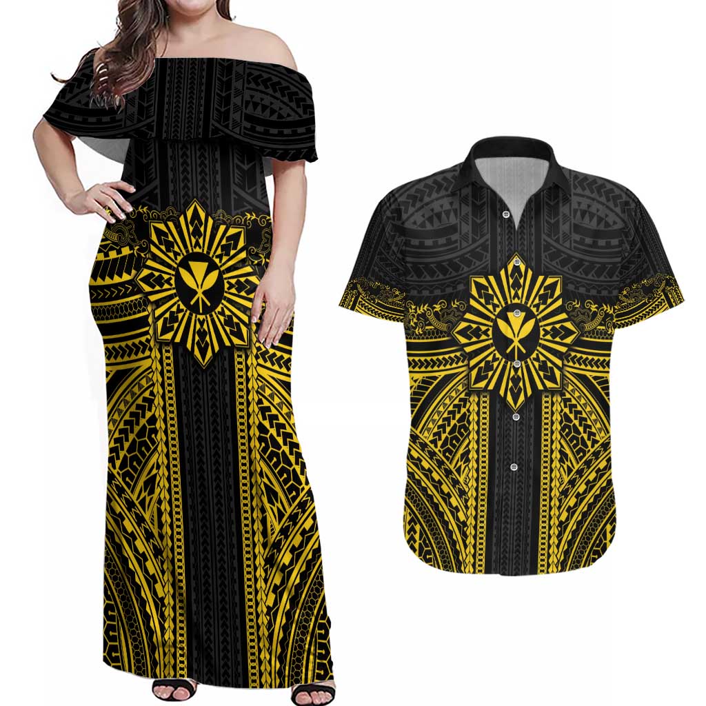 Hawaii And Philippines Together Couples Matching Off Shoulder Maxi Dress and Hawaiian Shirt Polynesian Pattern With Filipino Barong Gold LT05 Gold - Polynesian Pride