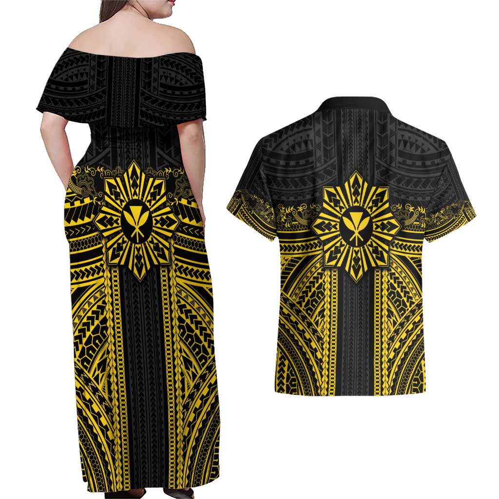 Hawaii And Philippines Together Couples Matching Off Shoulder Maxi Dress and Hawaiian Shirt Polynesian Pattern With Filipino Barong Gold LT05 - Polynesian Pride