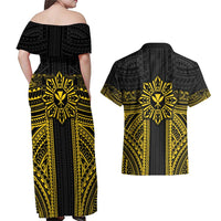 Hawaii And Philippines Together Couples Matching Off Shoulder Maxi Dress and Hawaiian Shirt Polynesian Pattern With Filipino Barong Gold LT05 - Polynesian Pride