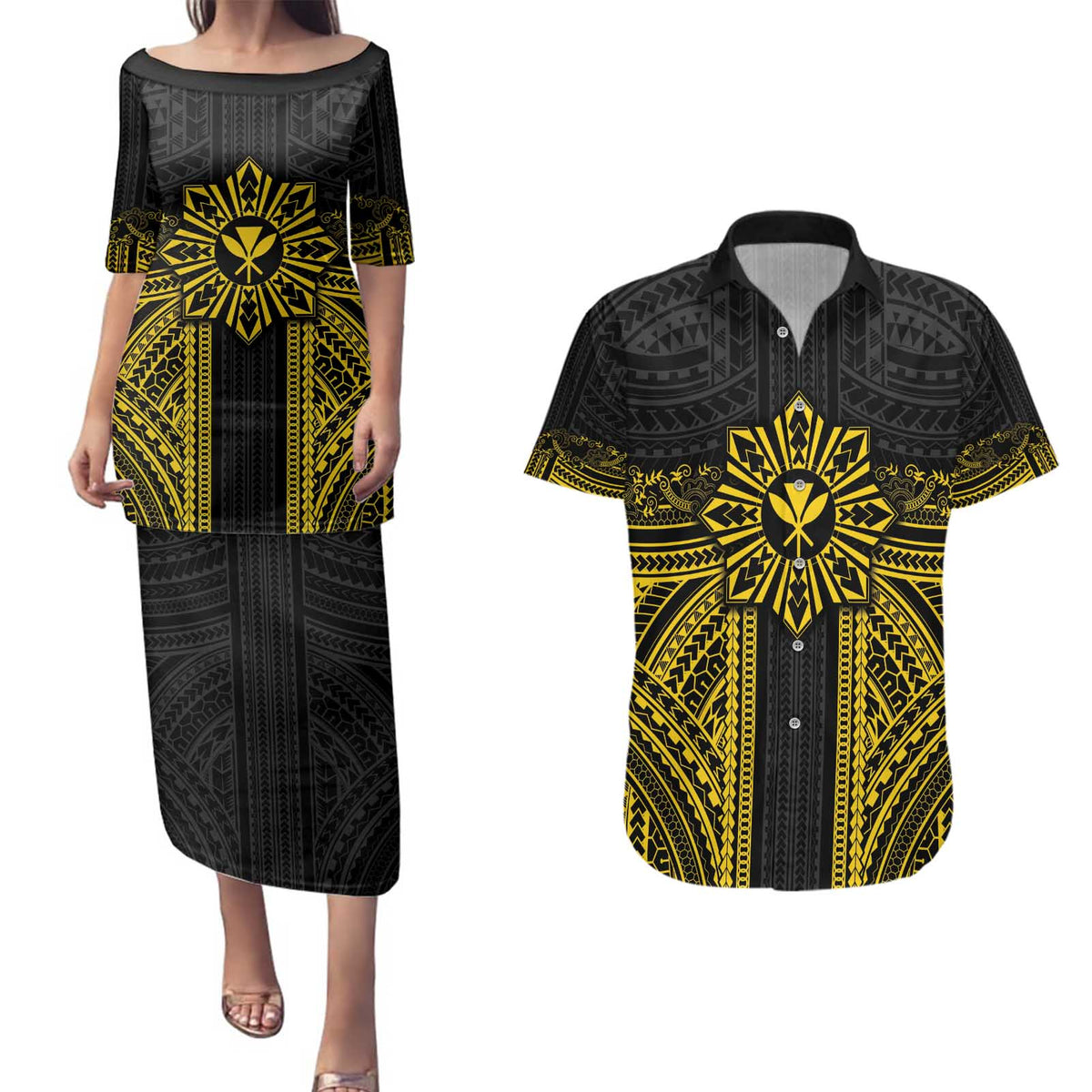 Hawaii And Philippines Together Couples Matching Puletasi and Hawaiian Shirt Polynesian Pattern With Filipino Barong Gold LT05 Gold - Polynesian Pride