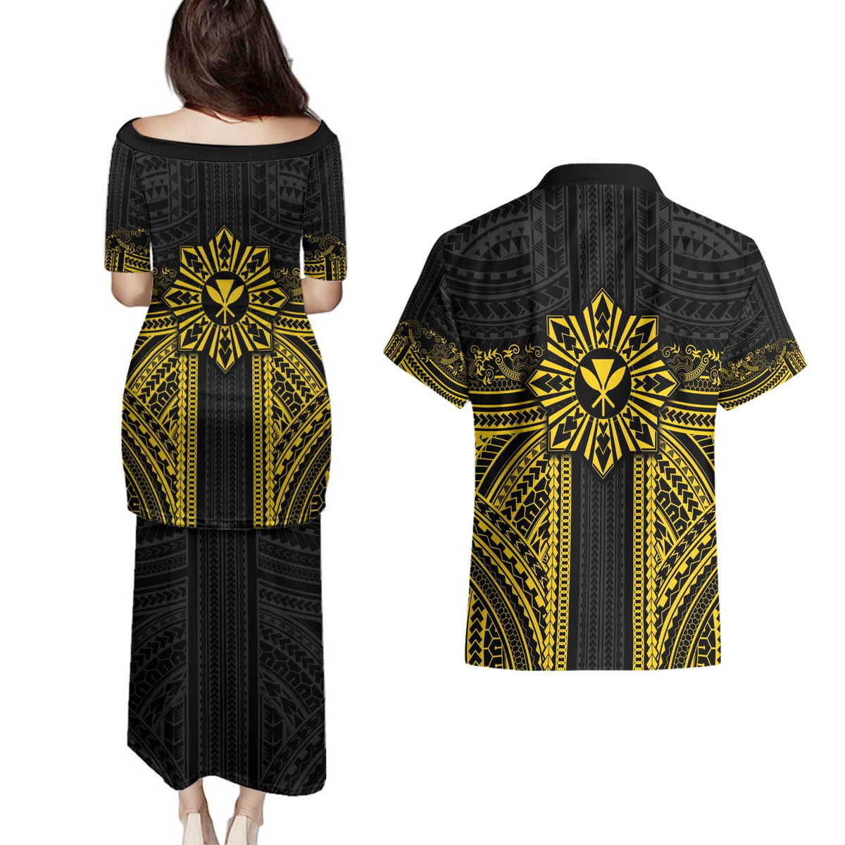 Hawaii And Philippines Together Couples Matching Puletasi and Hawaiian Shirt Polynesian Pattern With Filipino Barong Gold LT05 - Polynesian Pride