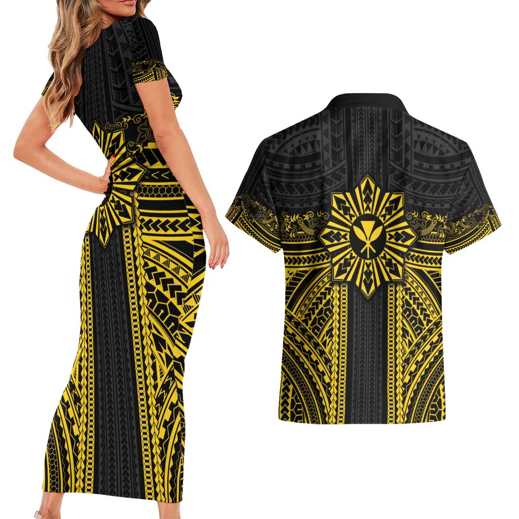 Hawaii And Philippines Together Couples Matching Short Sleeve Bodycon Dress and Hawaiian Shirt Polynesian Pattern With Filipino Barong Gold LT05 - Polynesian Pride