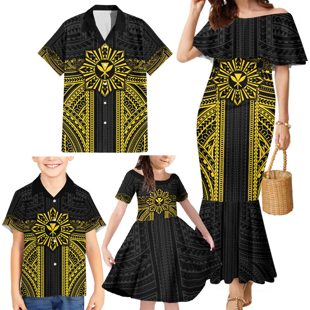 Hawaii And Philippines Together Family Matching Mermaid Dress and Hawaiian Shirt Polynesian Pattern With Filipino Barong Gold LT05 - Polynesian Pride