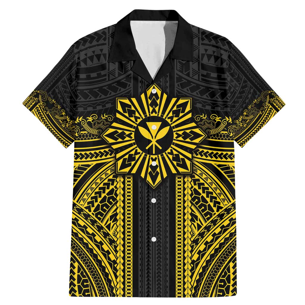 Hawaii And Philippines Together Family Matching Mermaid Dress and Hawaiian Shirt Polynesian Pattern With Filipino Barong Gold LT05 Dad's Shirt - Short Sleeve Gold - Polynesian Pride