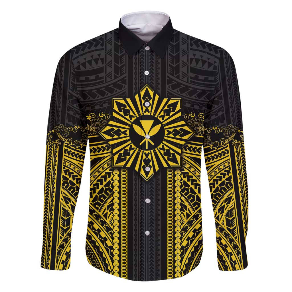 Hawaii And Philippines Together Family Matching Mermaid Dress and Hawaiian Shirt Polynesian Pattern With Filipino Barong Gold LT05 Dad's Shirt - Long Sleeve Gold - Polynesian Pride