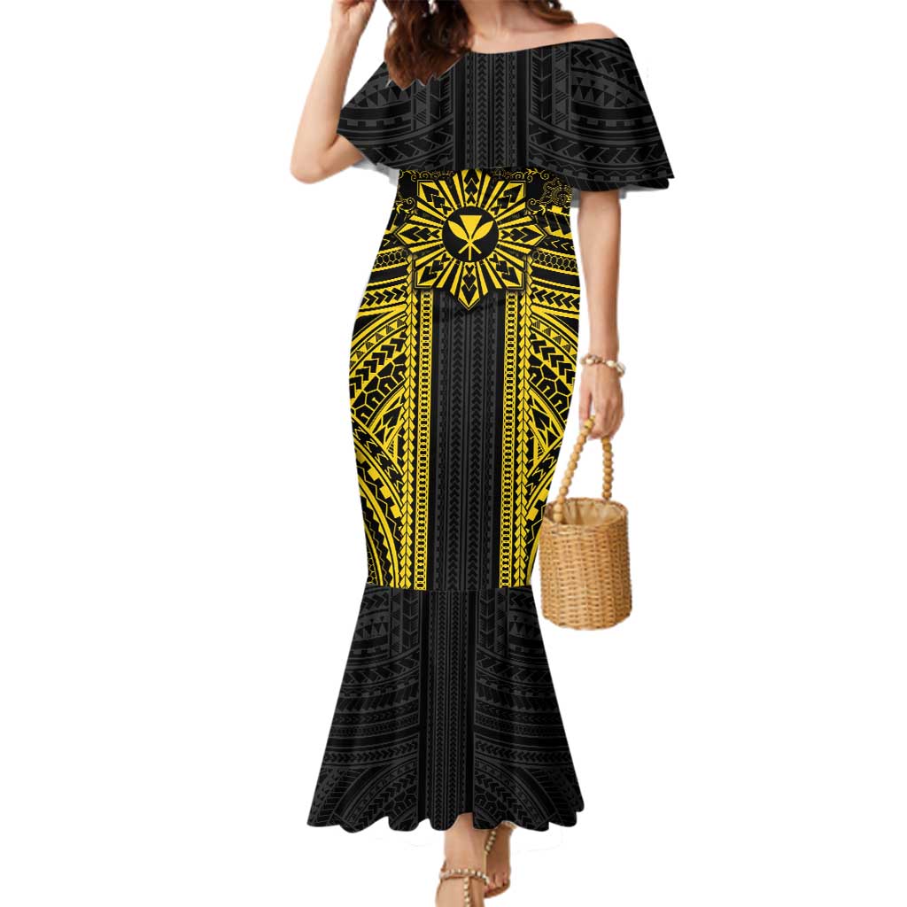 Hawaii And Philippines Together Family Matching Mermaid Dress and Hawaiian Shirt Polynesian Pattern With Filipino Barong Gold LT05 Mom's Dress Gold - Polynesian Pride