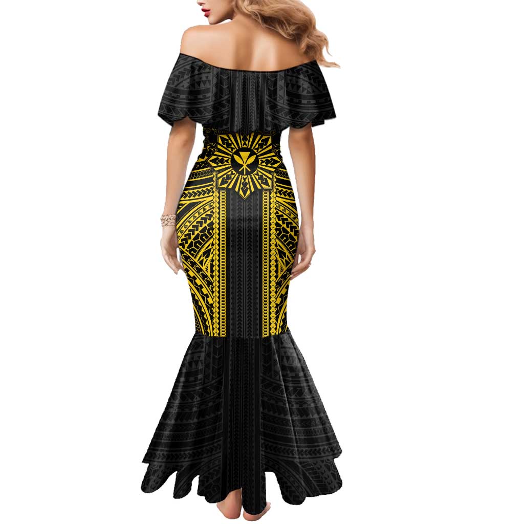 Hawaii And Philippines Together Family Matching Mermaid Dress and Hawaiian Shirt Polynesian Pattern With Filipino Barong Gold LT05 - Polynesian Pride