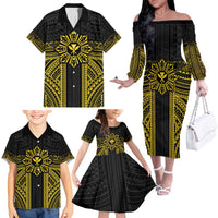 Hawaii And Philippines Together Family Matching Off The Shoulder Long Sleeve Dress and Hawaiian Shirt Polynesian Pattern With Filipino Barong Gold LT05 - Polynesian Pride