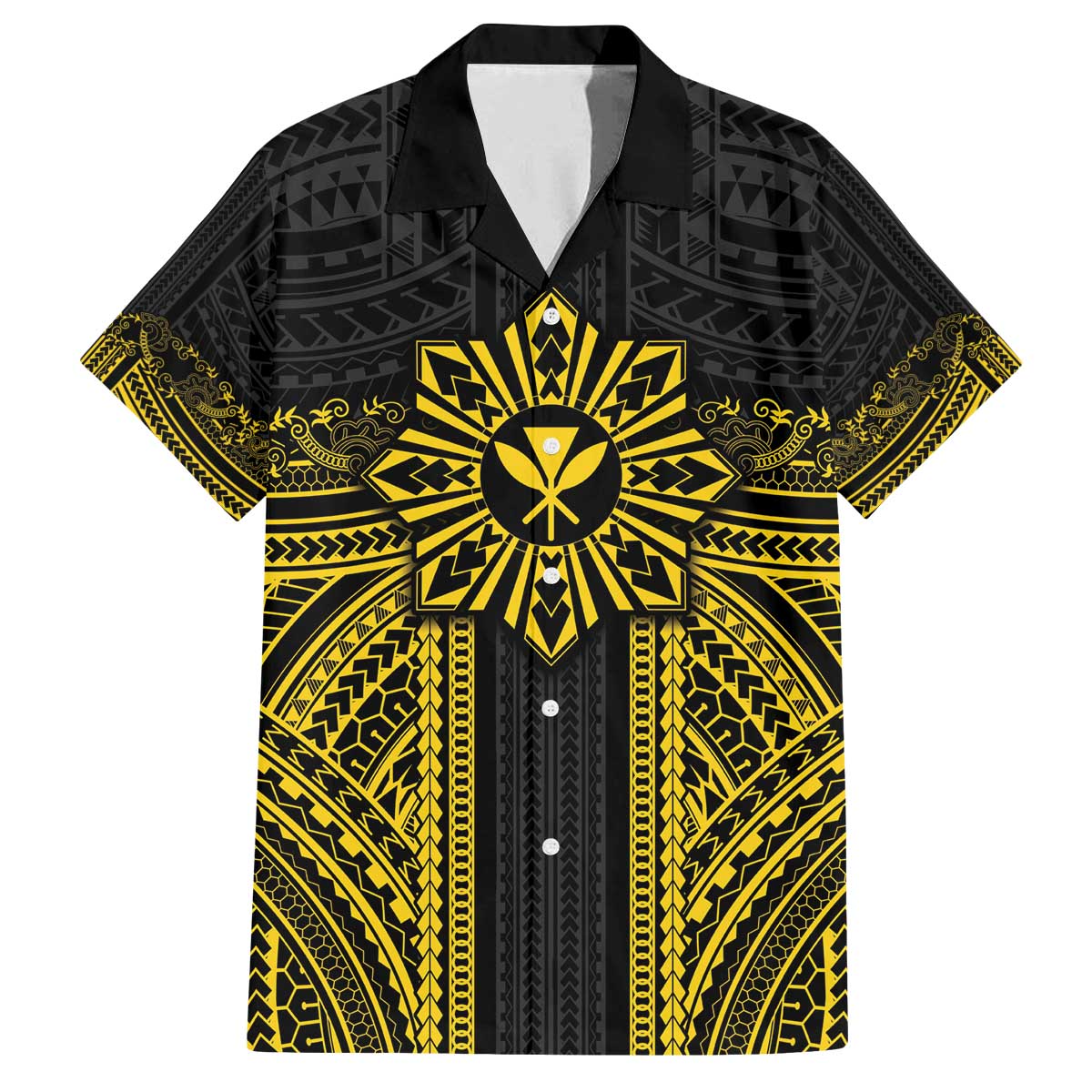 Hawaii And Philippines Together Family Matching Off The Shoulder Long Sleeve Dress and Hawaiian Shirt Polynesian Pattern With Filipino Barong Gold LT05 Dad's Shirt - Short Sleeve Gold - Polynesian Pride