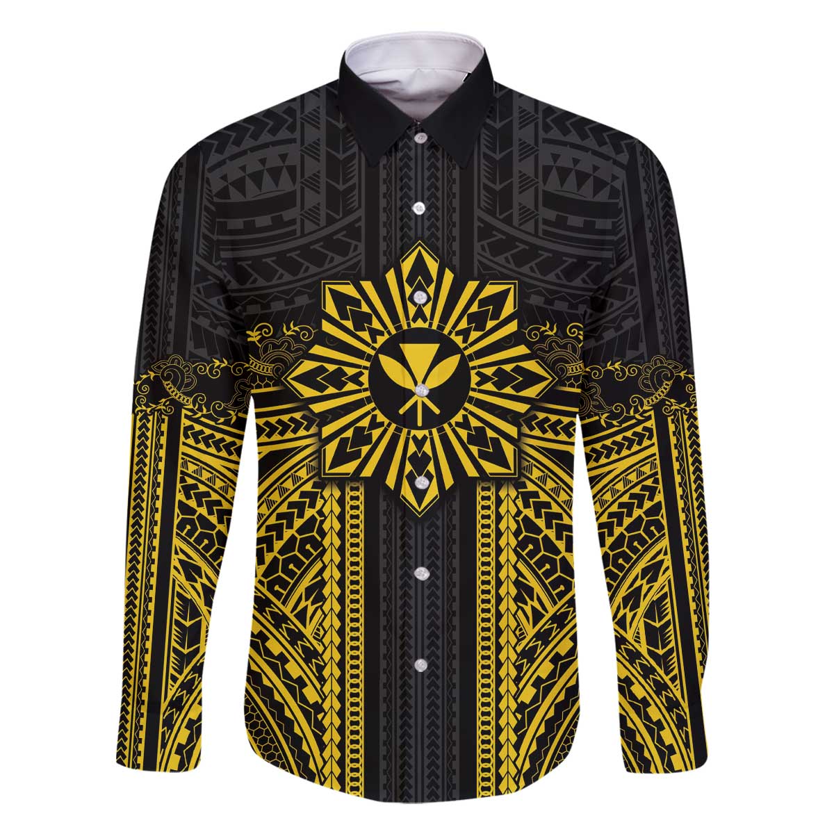 Hawaii And Philippines Together Family Matching Off The Shoulder Long Sleeve Dress and Hawaiian Shirt Polynesian Pattern With Filipino Barong Gold LT05 Dad's Shirt - Long Sleeve Gold - Polynesian Pride