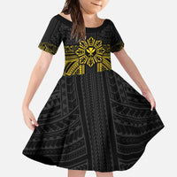 Hawaii And Philippines Together Family Matching Off Shoulder Maxi Dress and Hawaiian Shirt Polynesian Pattern With Filipino Barong Gold LT05 Daughter's Dress Gold - Polynesian Pride