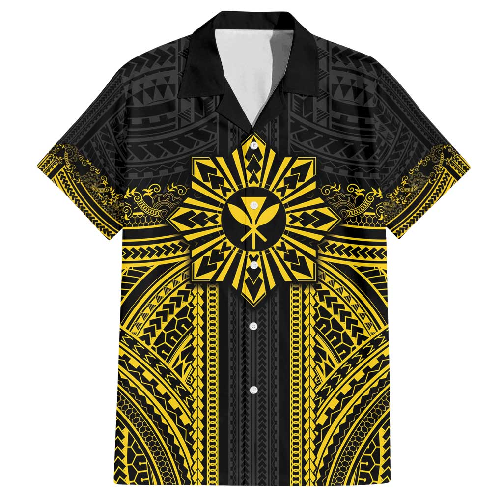 Hawaii And Philippines Together Family Matching Off Shoulder Maxi Dress and Hawaiian Shirt Polynesian Pattern With Filipino Barong Gold LT05 Dad's Shirt - Short Sleeve Gold - Polynesian Pride