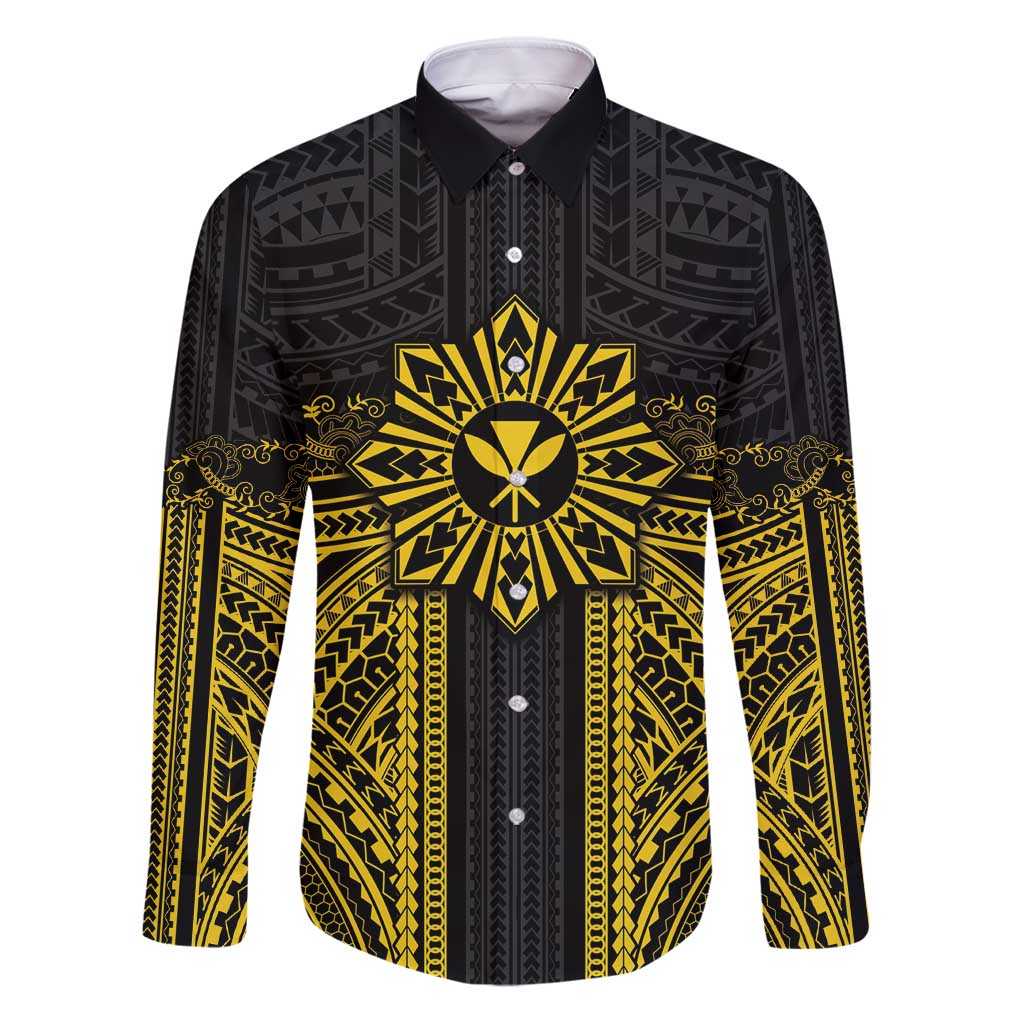 Hawaii And Philippines Together Family Matching Puletasi and Hawaiian Shirt Polynesian Pattern With Filipino Barong Gold LT05 Dad's Shirt - Long Sleeve Gold - Polynesian Pride