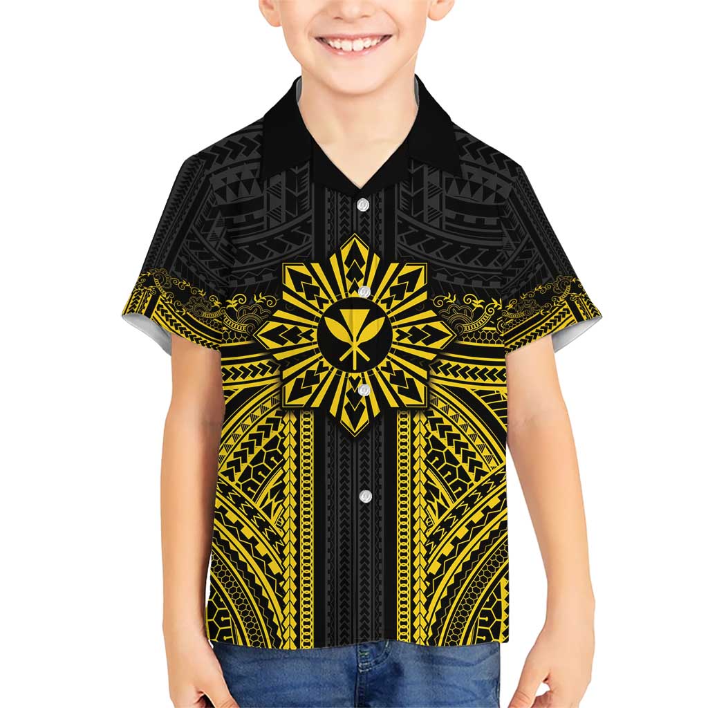 Hawaii And Philippines Together Kid Hawaiian Shirt Polynesian Pattern With Filipino Barong Gold LT05 Kid Gold - Polynesian Pride