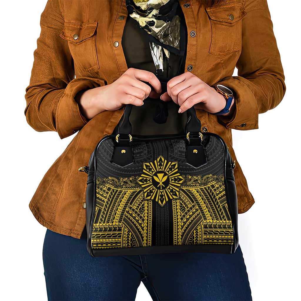 Hawaii And Philippines Together Shoulder Handbag Polynesian Pattern With Filipino Barong Gold