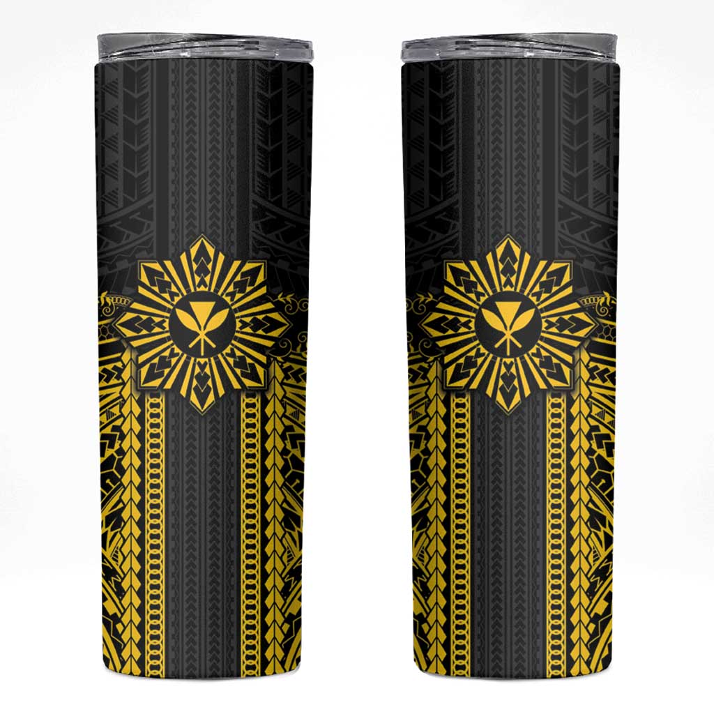 Hawaii And Philippines Together Skinny Tumbler Polynesian Pattern With Filipino Barong Gold LT05 Gold - Polynesian Pride