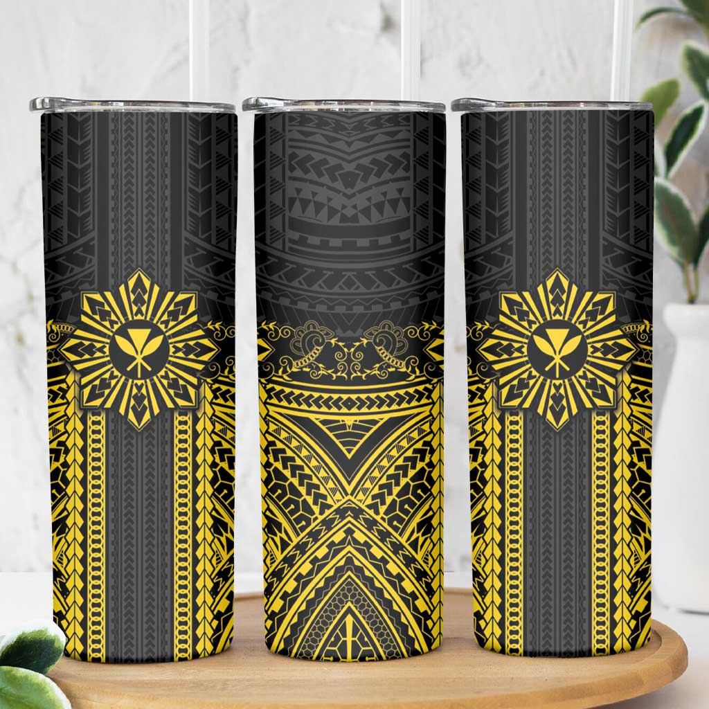 Hawaii And Philippines Together Skinny Tumbler Polynesian Pattern With Filipino Barong Gold LT05 - Polynesian Pride
