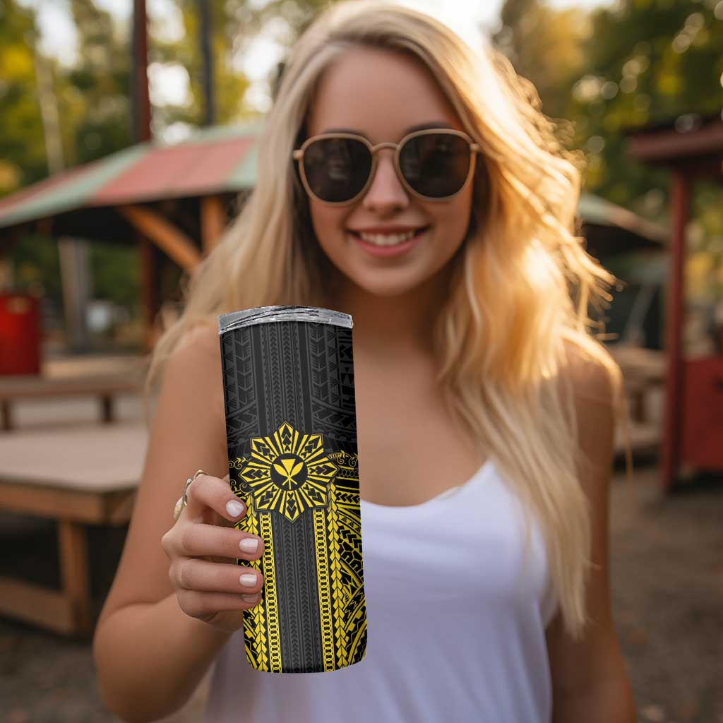 Hawaii And Philippines Together Skinny Tumbler Polynesian Pattern With Filipino Barong Gold LT05 - Polynesian Pride