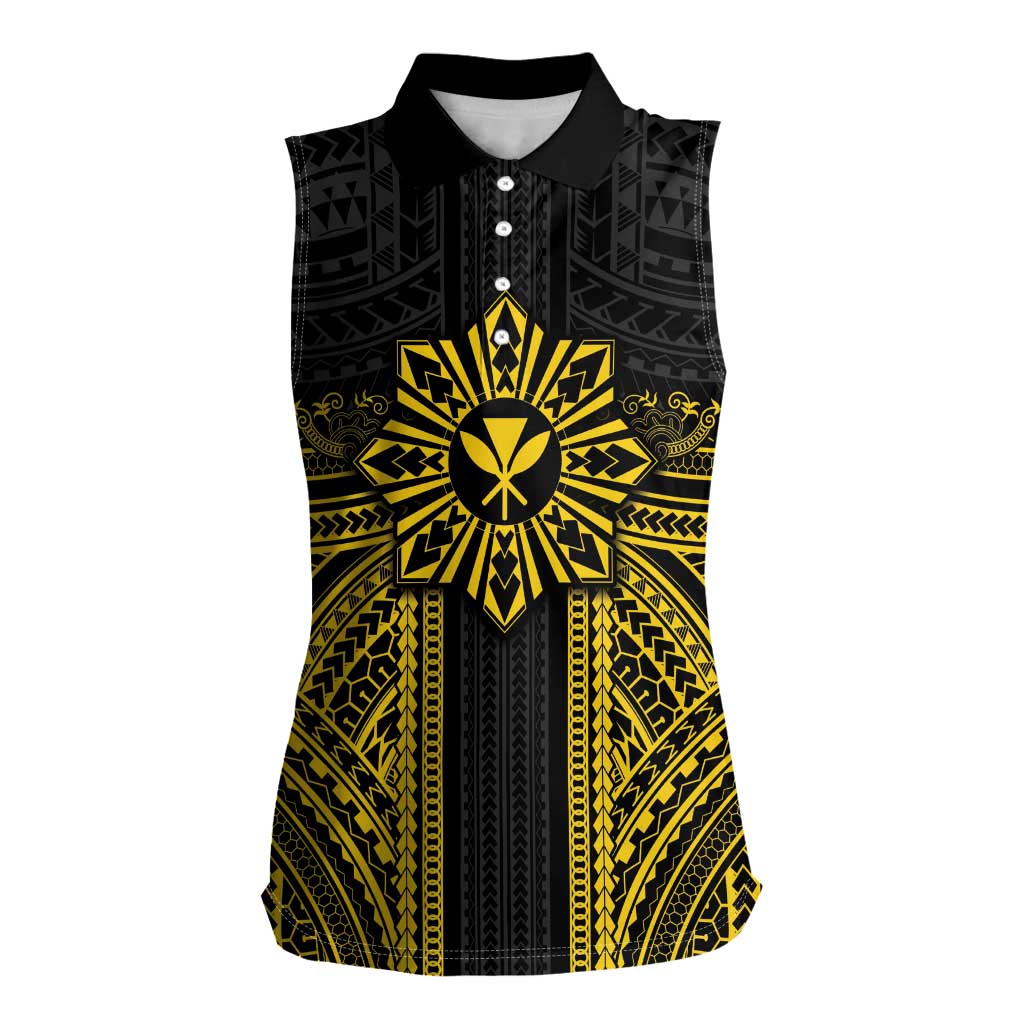 Hawaii And Philippines Together Women Sleeveless Polo Shirt Polynesian Pattern With Filipino Barong Gold LT05 Female Gold - Polynesian Pride