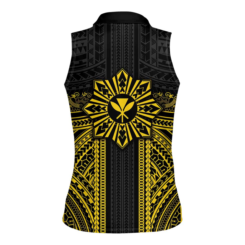 Hawaii And Philippines Together Women Sleeveless Polo Shirt Polynesian Pattern With Filipino Barong Gold LT05 - Polynesian Pride