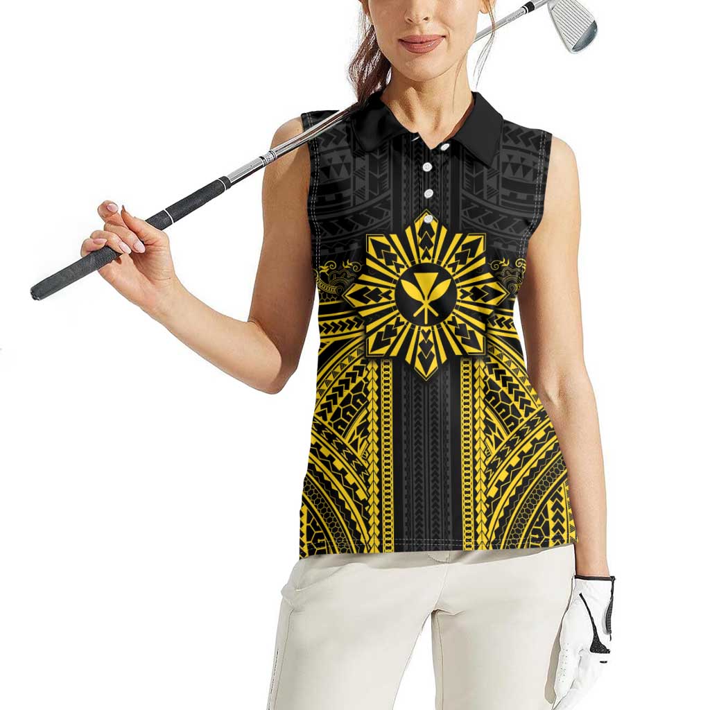 Hawaii And Philippines Together Women Sleeveless Polo Shirt Polynesian Pattern With Filipino Barong Gold LT05 - Polynesian Pride