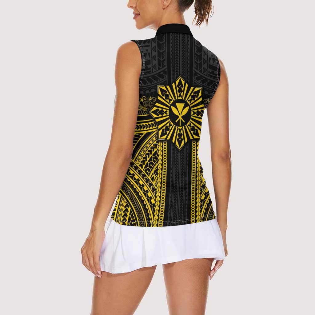 Hawaii And Philippines Together Women Sleeveless Polo Shirt Polynesian Pattern With Filipino Barong Gold LT05 - Polynesian Pride