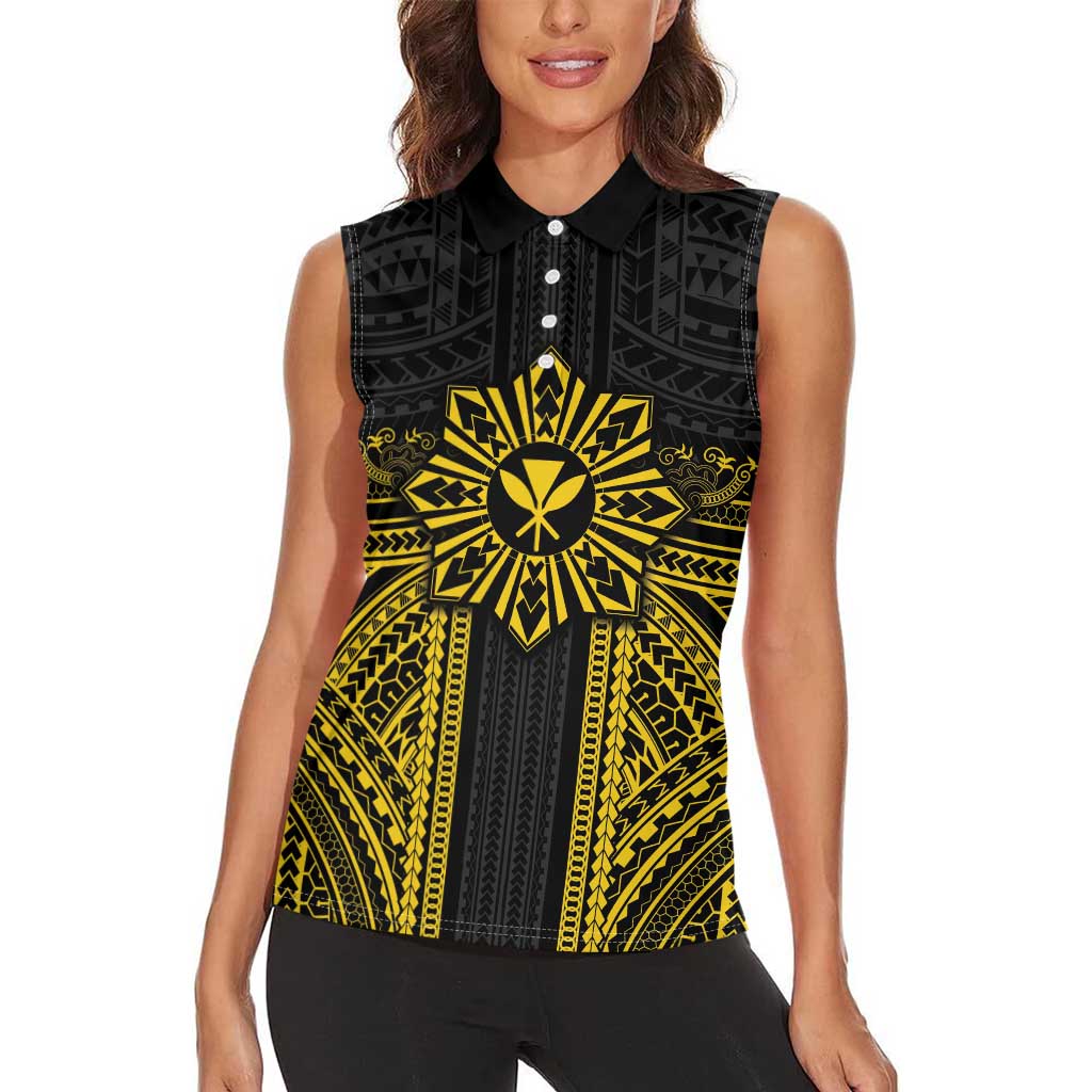 Hawaii And Philippines Together Women Sleeveless Polo Shirt Polynesian Pattern With Filipino Barong Gold LT05 - Polynesian Pride
