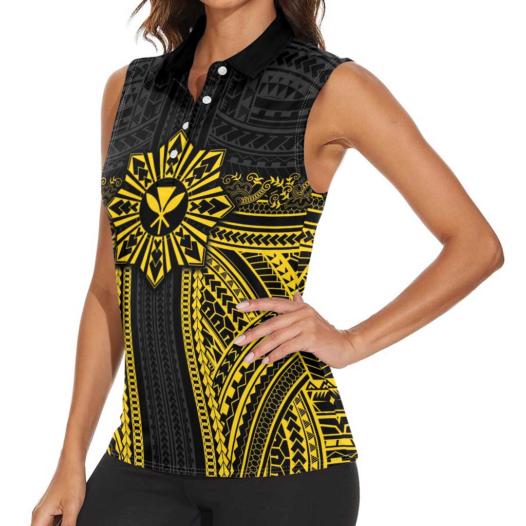 Hawaii And Philippines Together Women Sleeveless Polo Shirt Polynesian Pattern With Filipino Barong Gold LT05 - Polynesian Pride