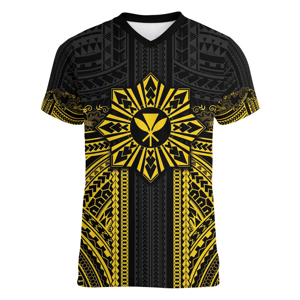 Hawaii And Philippines Together Women V-Neck T-Shirt Polynesian Pattern With Filipino Barong Gold LT05 Female Gold - Polynesian Pride