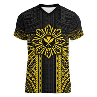 Hawaii And Philippines Together Women V-Neck T-Shirt Polynesian Pattern With Filipino Barong Gold LT05 Female Gold - Polynesian Pride