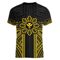 Hawaii And Philippines Together Women V-Neck T-Shirt Polynesian Pattern With Filipino Barong Gold LT05 - Polynesian Pride